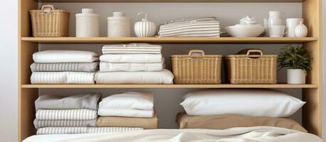 The bed linens in the closet are neatly arranged on shelves, with copy space for domestic textiles, photo
