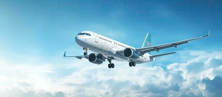 A passenger plane is seen from below on a blue sky background with copy space. The airplane is photo