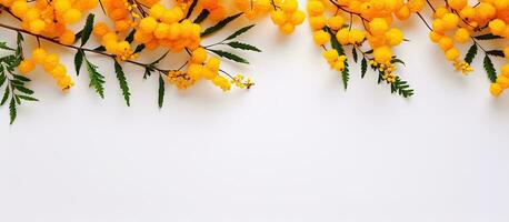 Orange and white spring backdrop with copy space featuring mimosa branches on white and yellow photo