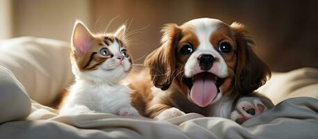 A cute King Charles Spaniel puppy hugging a kitten who is lying under a blanket and smiling. There photo