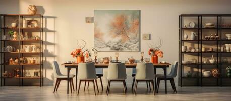 un elegante comida habitación con mucho de espacio para personalización, presentando diseño sillas, un familia foto