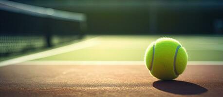 un de cerca imagen de un tenis pelota en un tenis Corte cerca el neto. el imagen tiene un enfocado ver foto