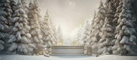 A display featuring a white podium surrounded by fir trees and falling snow, perfect for showcasing photo