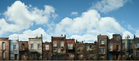 The city or town has a wall built outside with windows, set against a backdrop of blue sky and photo