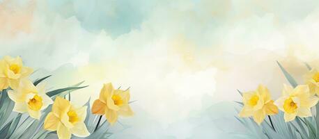 horizontal banner with copy space featuring daffodils on a watercolor background, symbolizing the photo