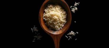 uncooked Surti Kolam rice with a wooden spoon on a black background. There is empty space for text photo
