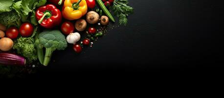Fresh vegetables and ingredients for cooking are showcased in a top view with a dark background, photo