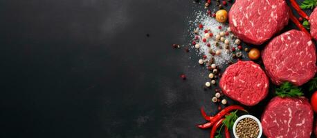 Raw meatballs, burgers, and cutlets made from caul fat. them on a gray background from a top view, photo