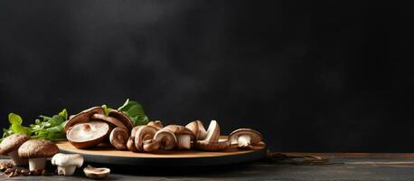 A banner with copy space showcases raw Portobello mushrooms placed on a black ceramic plate and photo