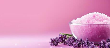 Lavender Sea Salt With Natural Spa Products On A Pink Background. Banner. Copy Space photo
