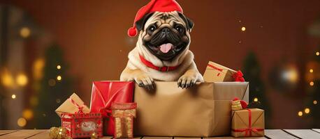 this advertising is about a happy pug dog with delivery boxes, and it is related to a delivery photo