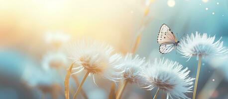 A soft-focus, natural pastel background featuring a Morpho butterfly and a dandelion. The image photo