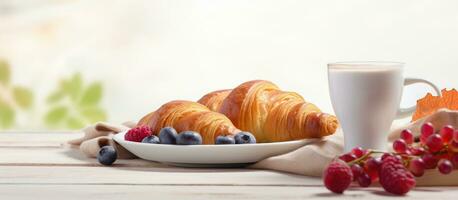 Fresh and delicious breakfast featuring coffee, crispy croissants, and jam on a white wooden background. photo