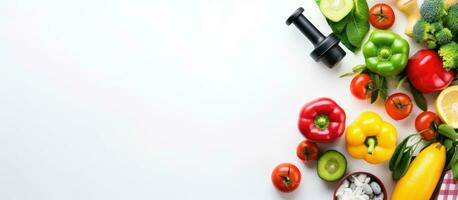 fitness and a healthy food lifestyle is depicted in a flatlay image with dumbbells, a diet lunch photo