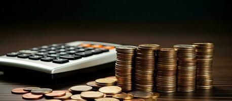 stack of coins and a calculator, representing saving money, financial management, and income investments photo