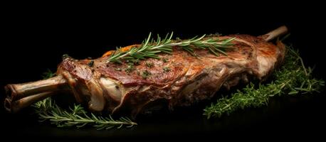 whole leg of lamb mutton that has been oven roasted with thyme. It is placed on a black background photo