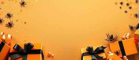 A Halloween holiday banner design featuring gift boxes, spiders, bats, and confetti on an orange photo