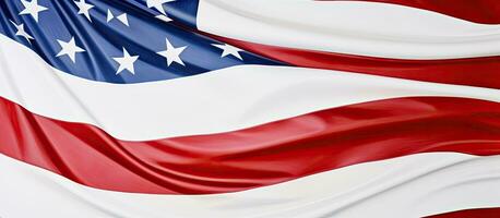 A close-up photograph shows a section of the American flag on a white background. There is space photo
