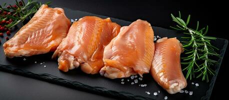 Raw chicken wings, a type of poultry meat, placed on a marble board with a black background, seen photo