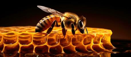 un miel abeja es alimentación en miel dentro un Colmena marco con cera, visto en contra un blanco antecedentes foto