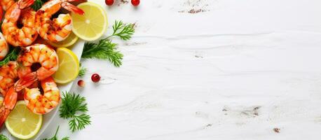 The appetizer in a Mediterranean kitchen is shrimp skewers, displayed on a white tabletop with photo