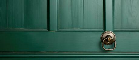 A vintage white front door with an iron knob is close up and set against a wooden plank wall. The photo