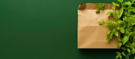 reciclado Kraft papel bolso con verde hojas en un verde antecedentes. eso es un sostenible embalaje foto