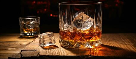 A glass containing whiskey accompanied by ice cubes rests on an aged barrel in the backdrop. The photo