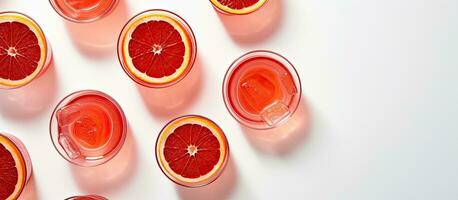 flat lay shot of Negroni cocktails made with blood oranges. The white background, shadows, and photo