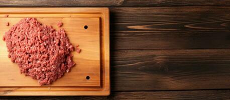 Top view of fresh, uncooked minced beef meat on a wooden butcher board with a cleaver. Wooden background. photo