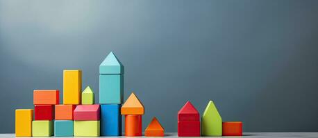Colorful toy building blocks are displayed on a grey background with space to copy photo