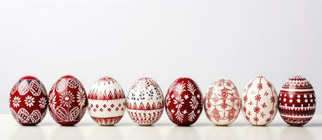 A row of handmade wax-dyed Easter eggs, alternating in red and white colors, is displayed on a photo