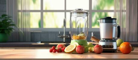 Background Image Of Chrome Blender On Kitchen Counter With Fruits, Copy Space ultrarealistic photo. photo