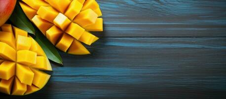 Fresh And Beautiful Mango Fruit With Sliced Diced Mango Chunks On A Light Blue Background, Copy photo