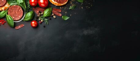 A delicious pepperoni pizza and cooking ingredients such as tomatoes and basil on a black concrete photo