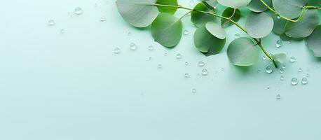A composition of natural eucalyptus leaves with water drops on a mint pastel green background. photo