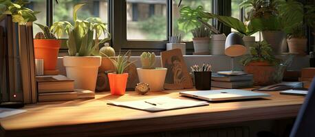 A detailed view of a workspace in a home office room, with enough space to place objects, including photo