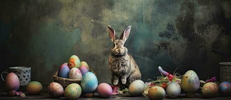 Pascua de Resurrección huevos y un conejito en un mesa cerca un grunge pared foto