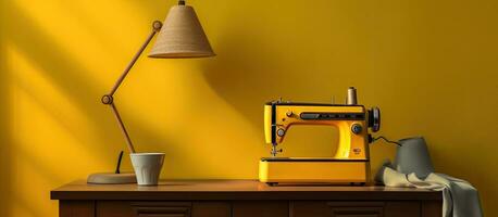 A sewing machine with threads and a lamp is placed on a table near a yellow wall photo