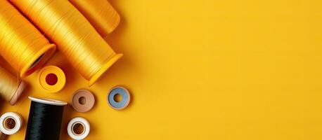 A flat lay image of sewing accessories and threads on a yellow background is depicted. It showcases photo