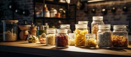 Storage jars containing flour and various types of pasta are placed on the kitchen countertop, photo
