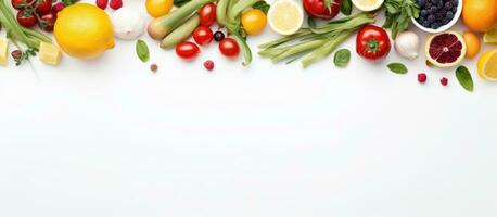 An unedited image from above showing a blank space surrounded by different types of fresh food photo