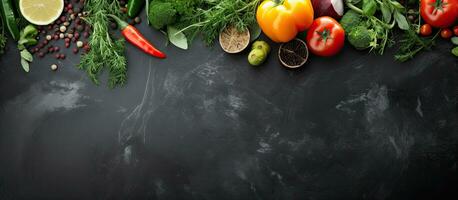 fresh vegetables, herbs, and spices on a black stone table, with a top view and copy space photo