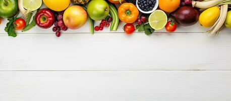 A variety of fruits and vegetables are displayed on a white wooden table background, ideal for photo