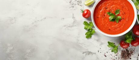 Gazpacho soup presented in a bowl on a light stone background with space for text. It is a chilled photo