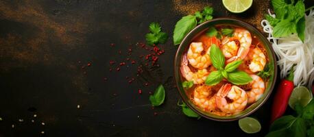 top view photo of a Laksa Shrimp Bowl with glass noodles, shrimp, bok choy, lime, ginger, and chili.