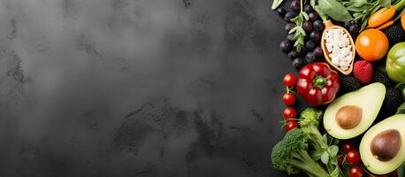 fresh fruits and vegetables on a grey background, representing healthy eating. taken from a flat photo