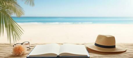 blanco escritura libro con verano playa accesorios en un antecedentes y mucho de espacio para escritura foto