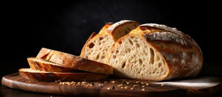 Freshly baked artisan sourdough bread, sliced and placed on a black background with copy space photo