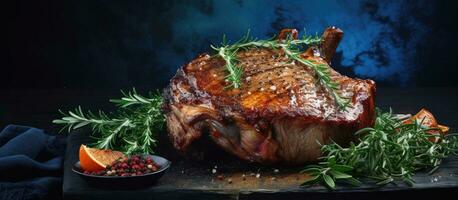 A high-resolution image of a pork shoulder roast with herbs and spices on a blue rustic background, photo